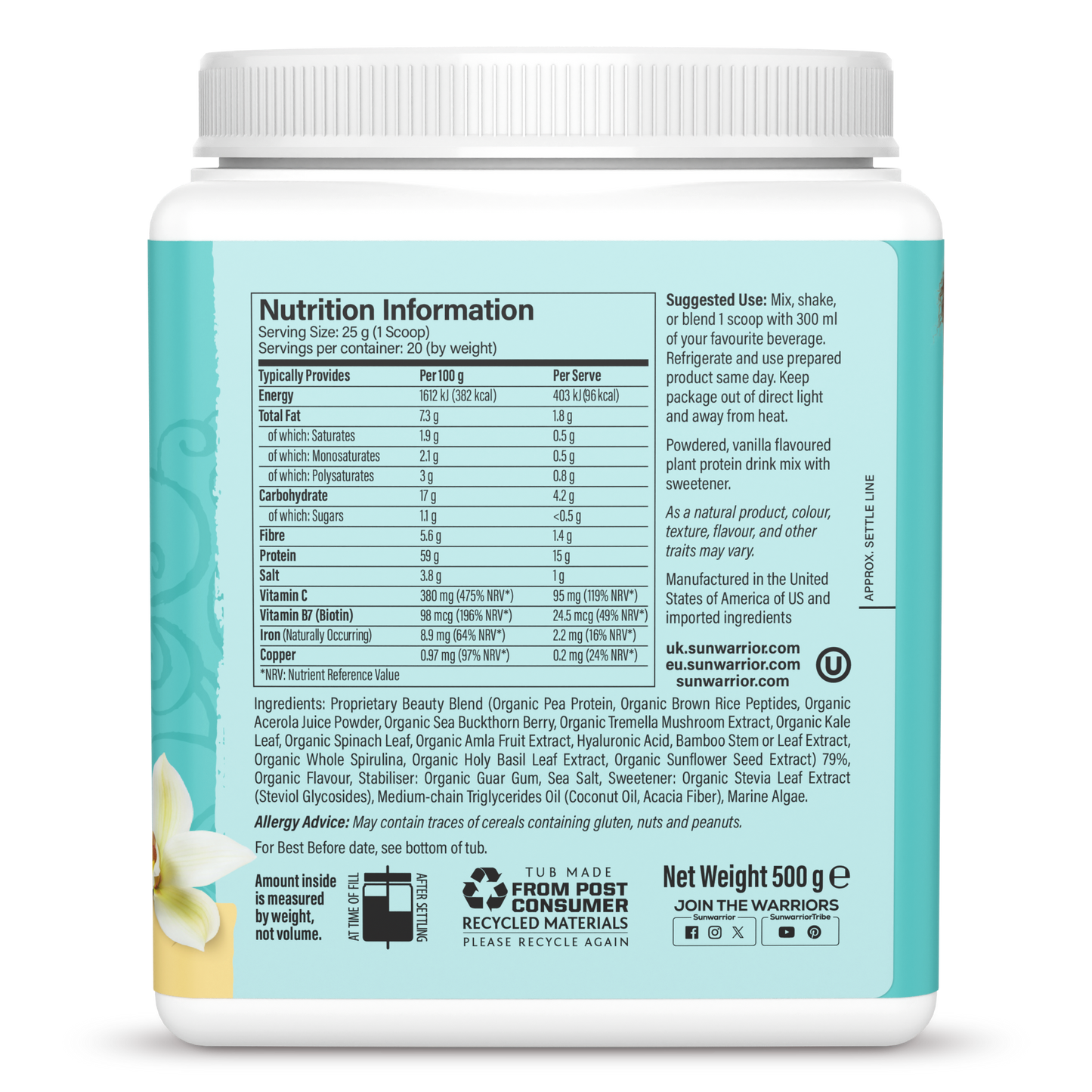 Vegan Collagen Protein Peptides Powder Tahitian Vanilla 20 Servings (500g)